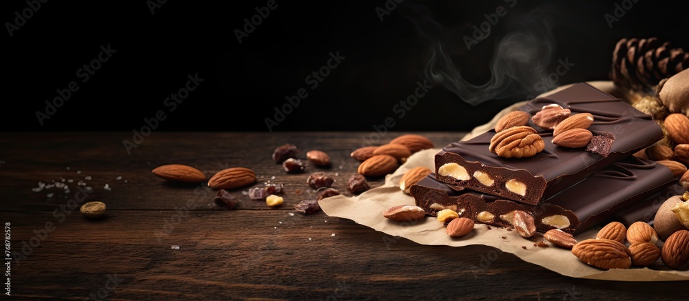 Aufkleber Chocolate bars containing nuts and drizzled with chocolate sauce are displayed on a rustic wooden table