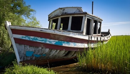 Among the reeds, a dilapidated fishing boat leans to one side, its peeling paint revealing layers of history beneath.