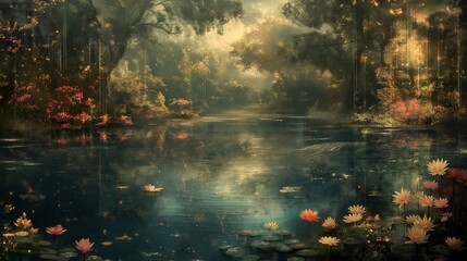 Enchanted Forest with Mystical Pond and Floral Beauty