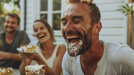 Three people enjoying a moment of laughter and dessert with one man's face covered in whipped cream suggesting a playful and joyful gathering. - 768782535