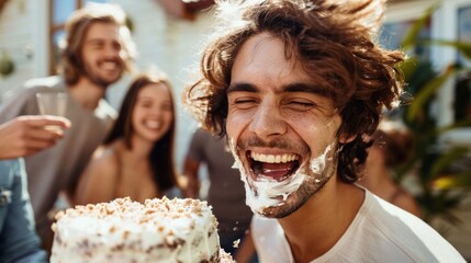 Joyful man with cake smeared on his face laughing heartily at a celebration with friends. - 768782557