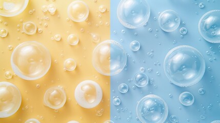 minimalist backdrop divided vertically in soft lemon and sky blue, adorned with airy bubbles arranged in a whimsical pattern.