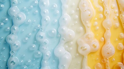 minimalist backdrop divided vertically in soft lemon and sky blue, adorned with airy bubbles arranged in a whimsical pattern. - obrazy, fototapety, plakaty