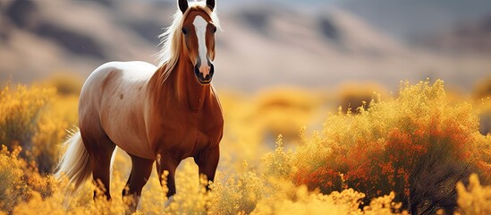 A majestic wild mustang stands proudly in lush green grass, embodying resilience and strength. Untamed horses graze amidst colorful foliage, showcasing natural beauty. - obrazy, fototapety, plakaty