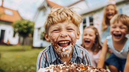 Naklejka premium A joyful scene of a young boy with chocolate cake smeared on his face surrounded by laughing children celebrating a birthday or similar event outdoors.