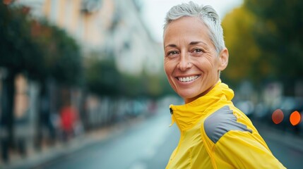 Smiling woman with short gray hair wearing a bright yellow jacket with a gray stripe standing on a city street with blu rred background.