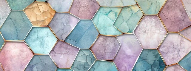 mosaic-inspired split background featuring geometric shapes arranged in a patchwork of pastel colors. - obrazy, fototapety, plakaty