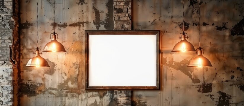 A picture frame hangs on a grunge wall in a mockup loft scene, illuminated by three vintage copper electric lamps, casting a smooth bokeh effect around the frame.