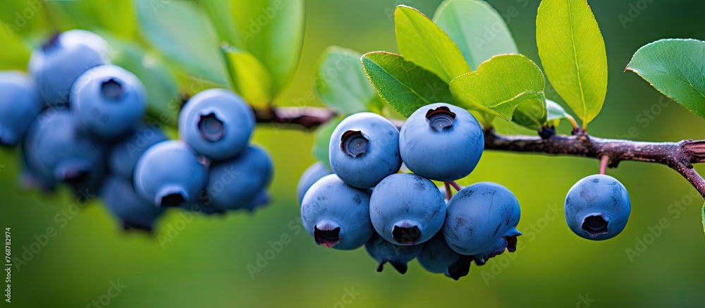 Poster abundant blueberries are clustered on a branch adorned with vibrant green leaves, creating a picture