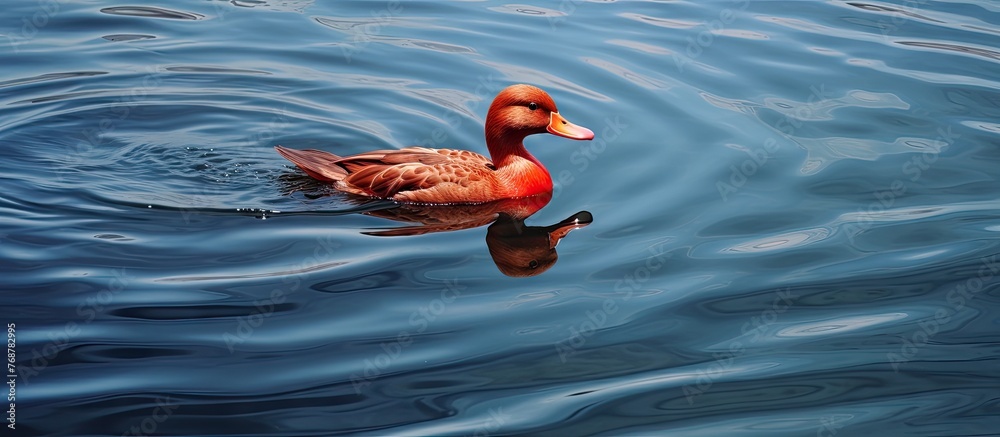 Poster a red duck peacefully swims on the surface of a calm lake, creating gentle ripples in the water as i