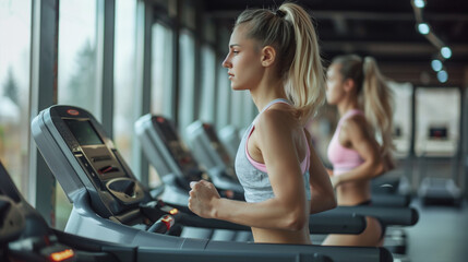 Fototapeta premium woman working out in gym running on treadmill 