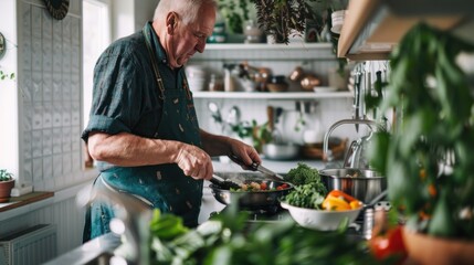 An elderly man in a blue apron cooking in a kitchen with fresh produce and potted plants.