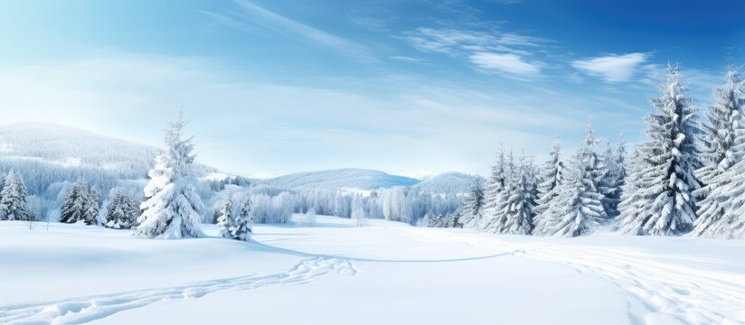 Scenic view of winter mountains covered in snow with visible ski tracks on the slopes