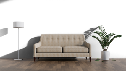 a couch sitting in a living room next to a plant