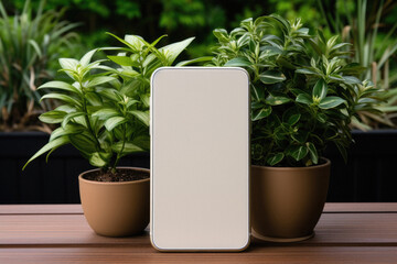 Smartphone mockup with blank screen and green plant on wooden table