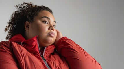 A woman with curly hair wearing a red jacket looking contemplative with her hand on her chin. - 768783505