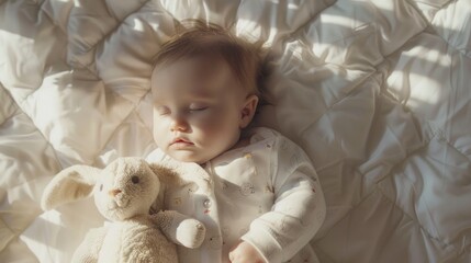 A peaceful scene of a sleeping baby nestled comfortably on a soft white bed with a teddy bear providing a sense of companionship and warmth. - 768783511
