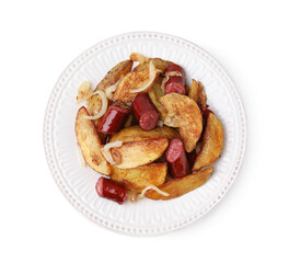 Delicious baked potato with thin dry smoked sausages and onion isolated on white, top view