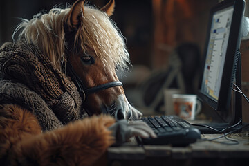 Horse Wearing Blanket as It Curiously Observes Computer Screen - Banner - obrazy, fototapety, plakaty