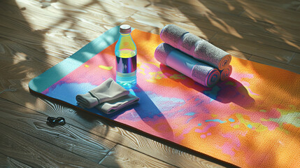Yoga Mat, Water Bottle, and Towel Set for Fitness Workout - obrazy, fototapety, plakaty