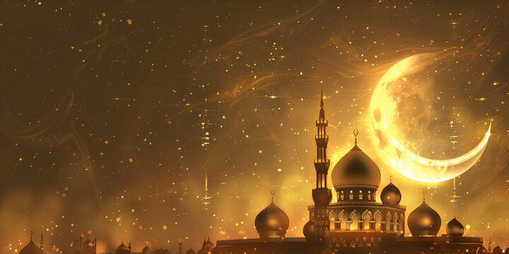 Beautiful Golden Moon And Mosque Ramadan Kareem Design Background
