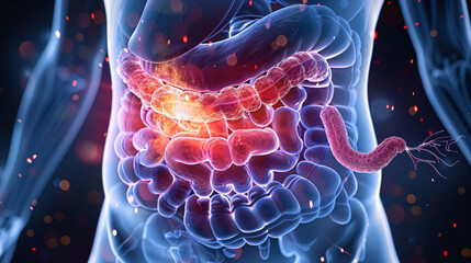 3d rendered illustration of a human body , Human stomach pain. digestive problems.  - obrazy, fototapety, plakaty