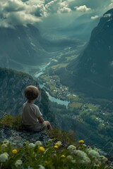 Naklejka premium Young Boy Sitting on Top of Mountain Overlooking Valley