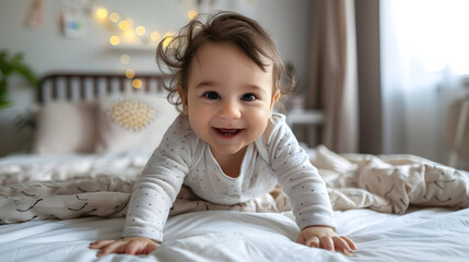 Fototapeta premium Newborn baby smiling in bed at home. Happy and healthy children. Ai