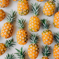 Ananas arranged in a pattern on a white surface, creating a beautiful display of fresh tropical fruit. Pineapples are a green, natural food product commonly used as an ingredient in various dishes