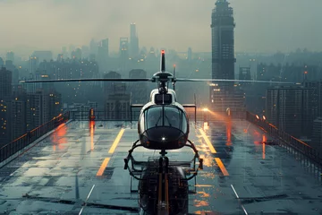 Selbstklebende Fototapeten Black Helicopter Perched atop Skyscraper Runway: A Stunning Image of Urban Aviation © Fernando Cortés