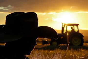 silhouetted cowboy hat against sunset, tractor in the field - obrazy, fototapety, plakaty