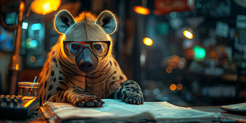 Creative Hyena Engrossed in Work at Nighttime Office Banner - obrazy, fototapety, plakaty