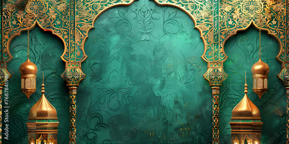 Wall mural Ramadan Stylish Islamic Background Green And Gold Luxury Color With Mosque
