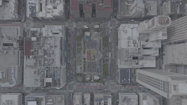 Aerial view of Union Square full of flowers and people in San Francisco