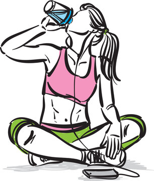 fitness girl woman lady drinking bottle water and listening music cellphone vector illustration