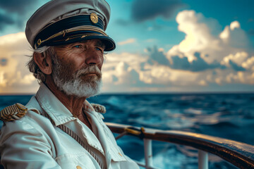 Adventurous Caucasian Captain navigating the open sea on the deck of his ship - obrazy, fototapety, plakaty