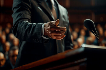Passionate Public Defender Presenting Case in Courtroom - Cropped Crime Scene Image - obrazy, fototapety, plakaty