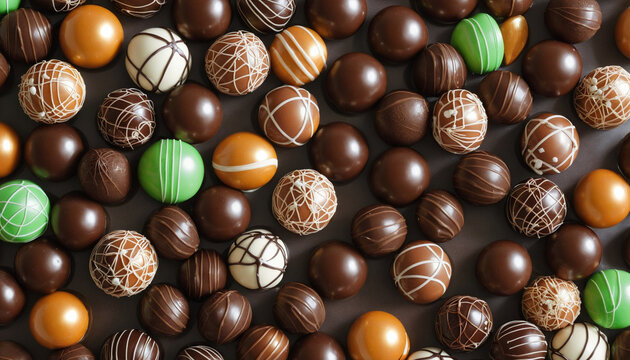 Collection of various chocolate balls or candy pralines isolated on transparent background colorful background