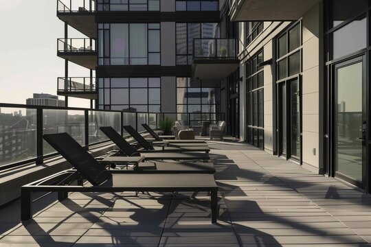 sun loungers on the terrace of a contemporary highrise flat