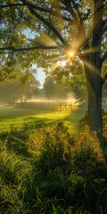 A breathtaking moment captured as the morning sun shines through the branches of a grand tree onto a dewy green field