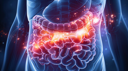 3d rendered illustration of a human body , Human stomach pain. digestive problems.  - obrazy, fototapety, plakaty