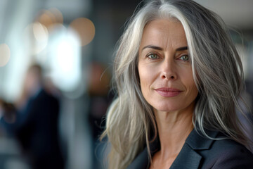 Fototapeta premium Graceful Grey: Captivating Middle-Aged Businesswoman Stands Out Amongst Business Crowd