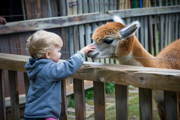 child petting a friendly alpaca over a wooden fence