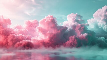 split background in pastel shades of rose pink and mint green, adorned with ethereal cloud-shaped light accents. - obrazy, fototapety, plakaty