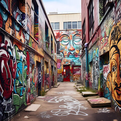 Fototapeta na wymiar Graffiti-covered walls in an urban alleyway.