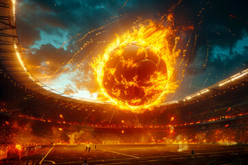 Blazing Soccer Ball Soaring in Packed Night Stadium - Spectacular Sports Scene with Fiery Energy and Excitement! - obrazy, fototapety, plakaty
