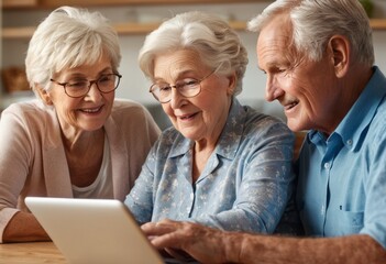 A senior couple being guided by a younger individual on a tablet. Indoor setting reflecting learning and technology adoption.