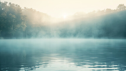 A serene depiction of dawn's light presenting a hazy, peaceful atmosphere over a still lake, evoking a sense of tranquility - obrazy, fototapety, plakaty
