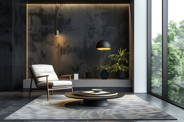 Interior of modern living room with dark grey textured wall and garden view