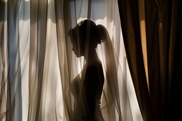 brides silhouette through sheer curtains